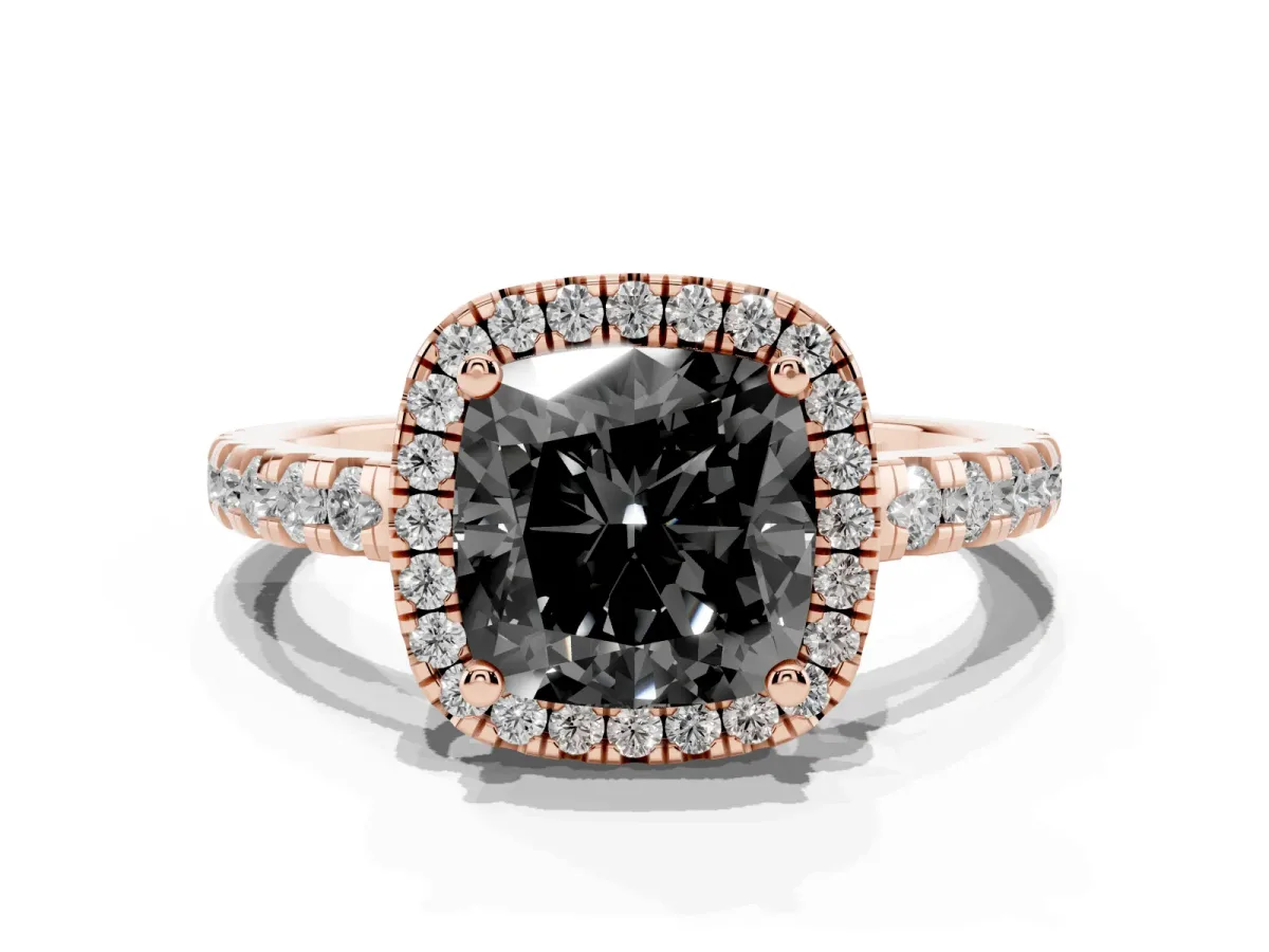 Fancy Black Cushion Cut Diamond Halo Ring with Pavé Band and Four-Prong Setting Rose gold