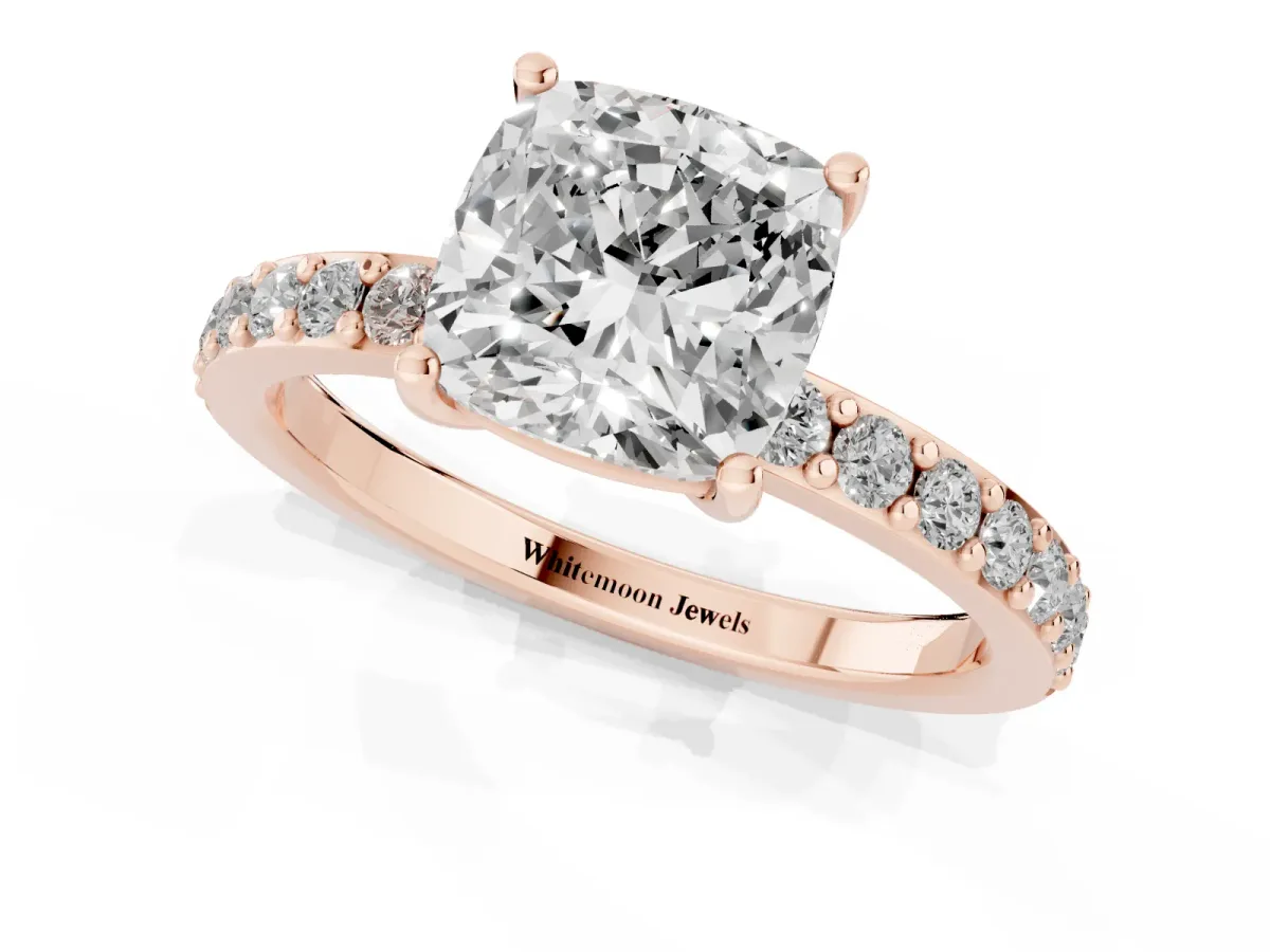Cushion Cut Cut Diamond Solitaire with Pave Band and Four-Prong Setting Rose gold
