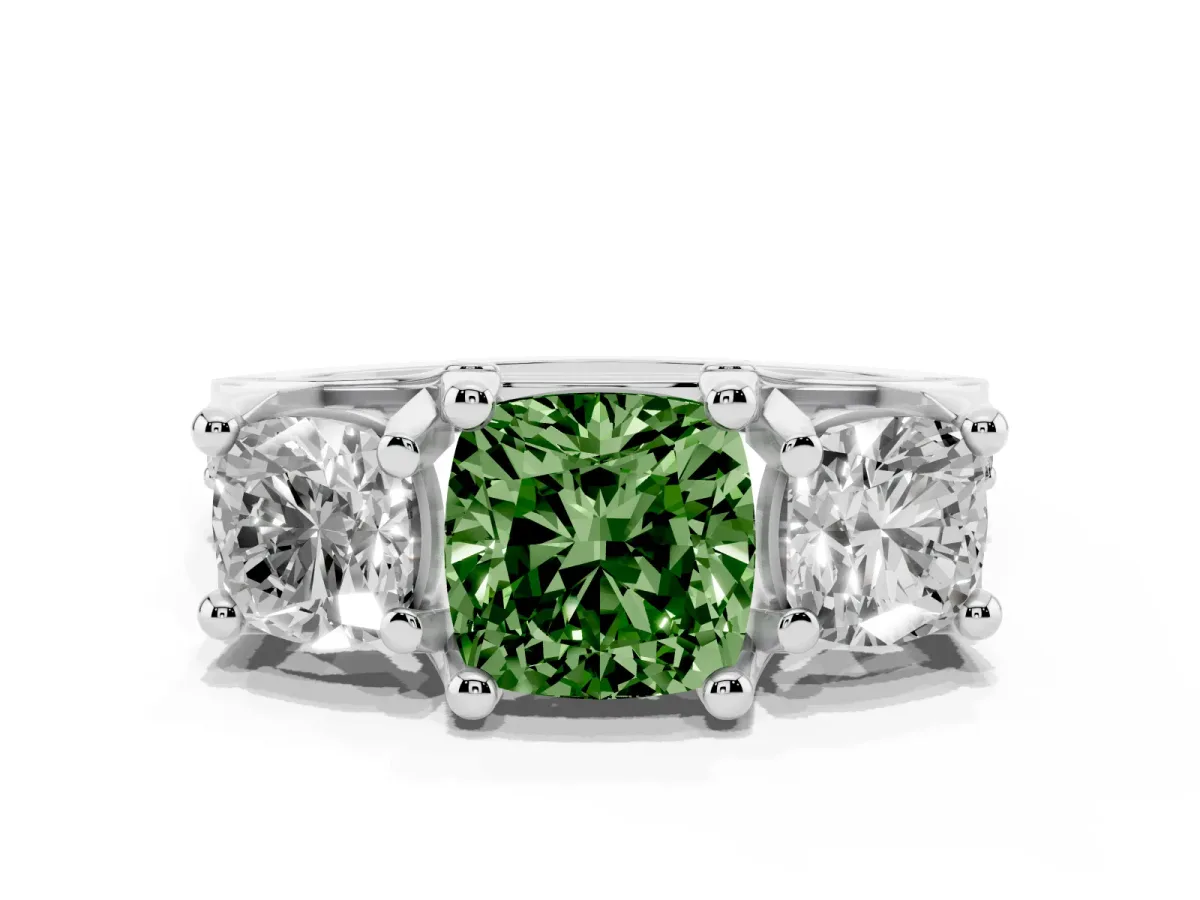 Fancy Green Cushion Cut Diamond Three-Stone Ring with Channel Set Band and Four-Prong Setting Silver