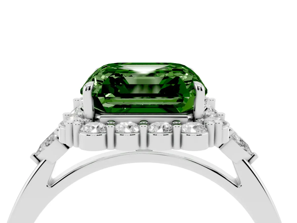 Fancy Green Asscher Cut Diamond Halo Ring with Pear Side Stones and Prong Setting Silver