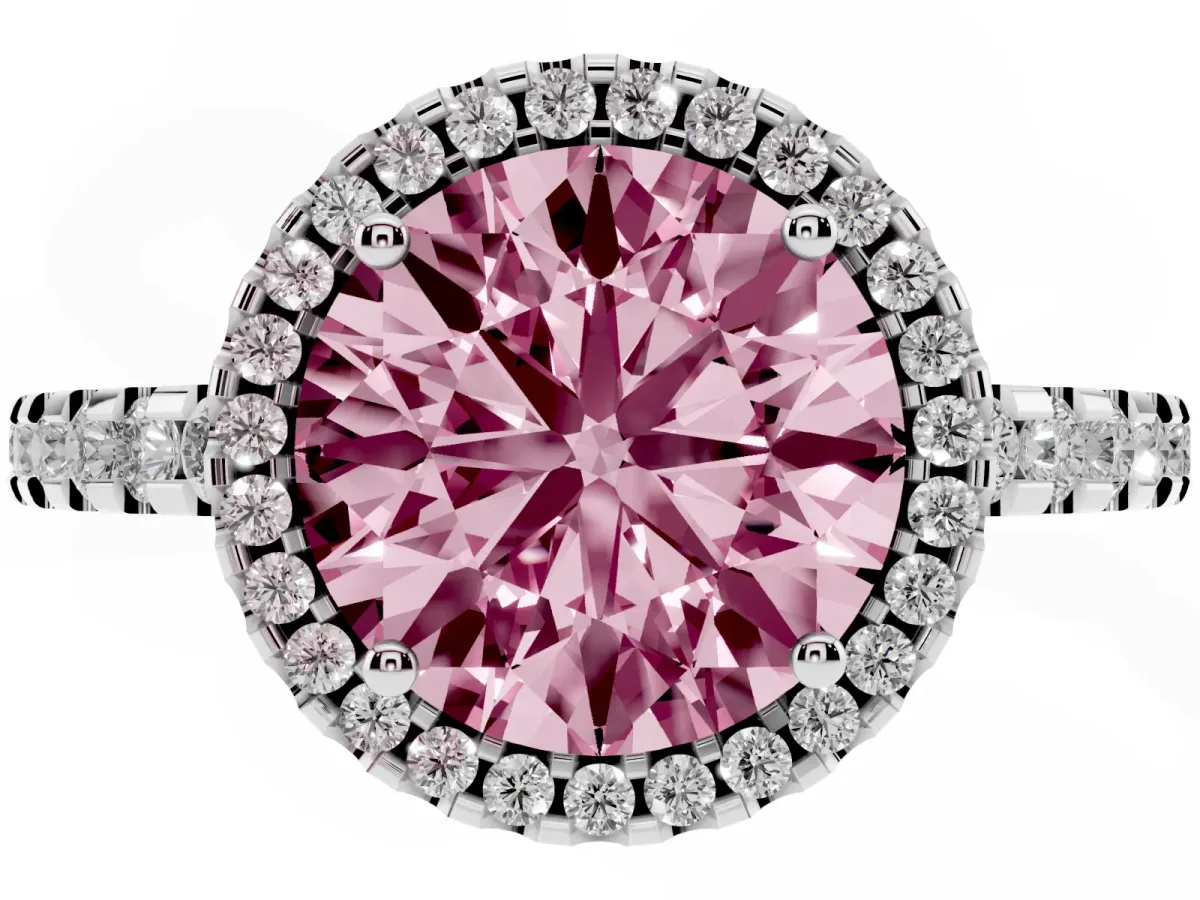 Fancy Pink Round Cut Diamond Halo Engagement Ring with Pavé Band and Prong Setting Platinum