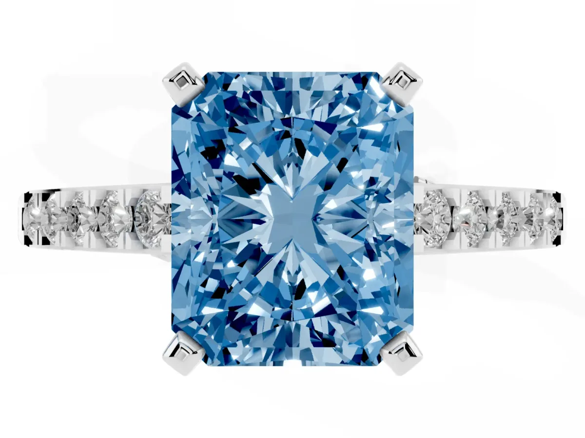 Fancy Blue Radiant Cut Diamond Solitaire Ring with Crossover Gallery and Round Pavé Band Platinum
