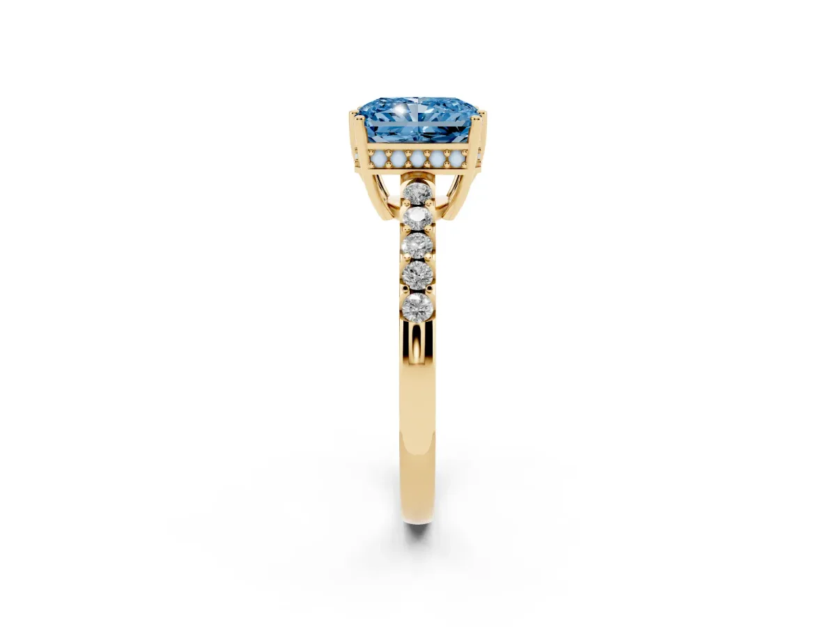 Fancy Blue Radiant Cut Solitaire Diamond Engagement Ring with Pavé Band and Six-Prong Setting Yellow gold