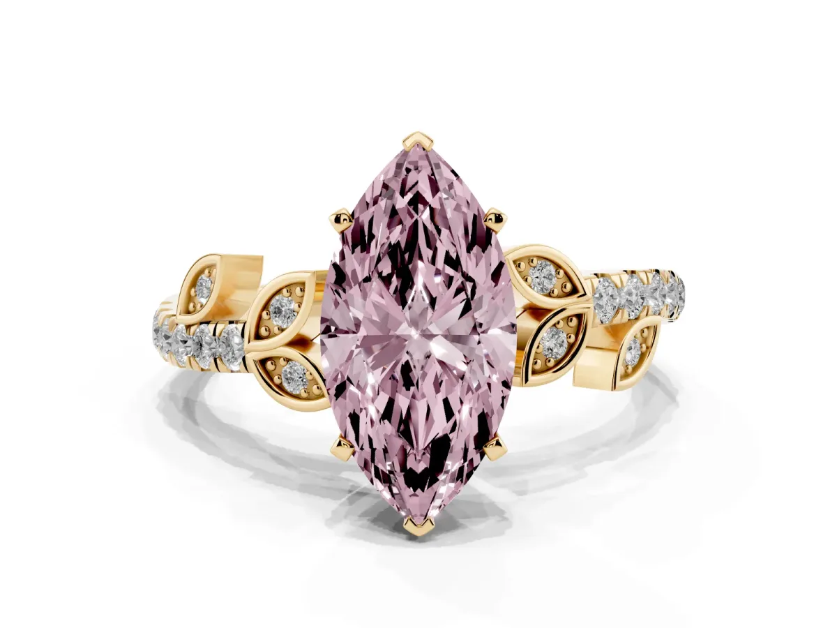 Fancy Pink Marquise Cut Solitaire Leaf-Inspired Diamond Ring with Pavé Band and Four-Prong Setting Yellow gold