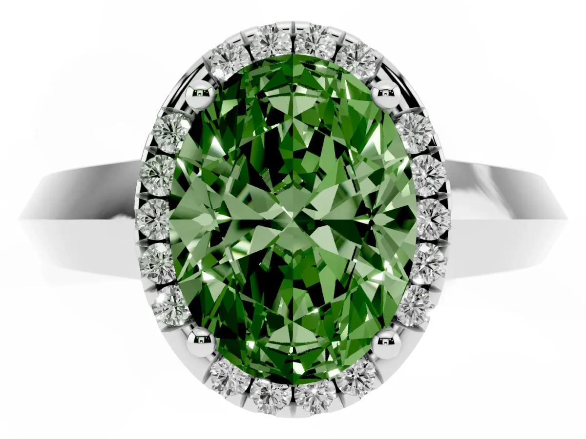 Fancy Green Oval Cut Halo Diamond Ring with Cathedral Band and Four-Prong Setting Silver