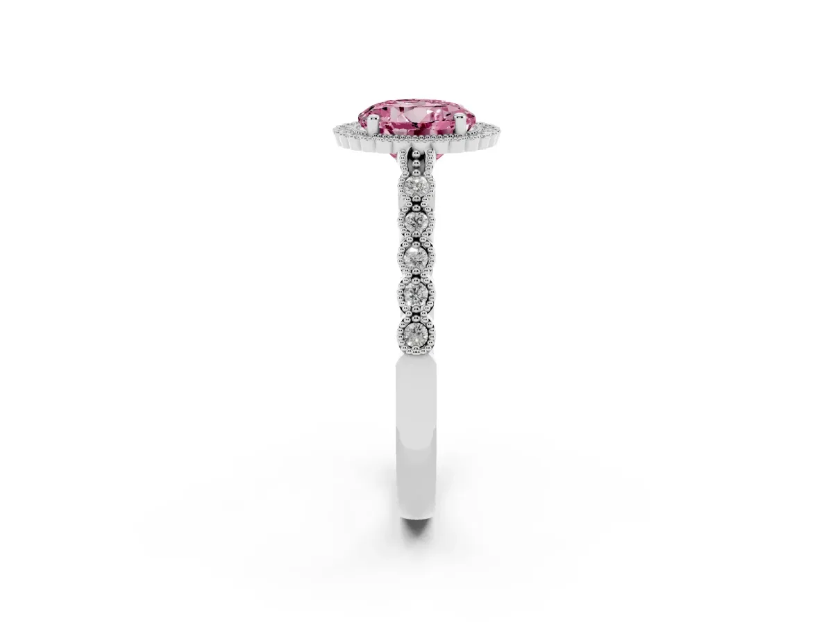 Fancy Pink Round Cut Cut Halo Pavé Solitaire Ring with Milgrain Band Platinum