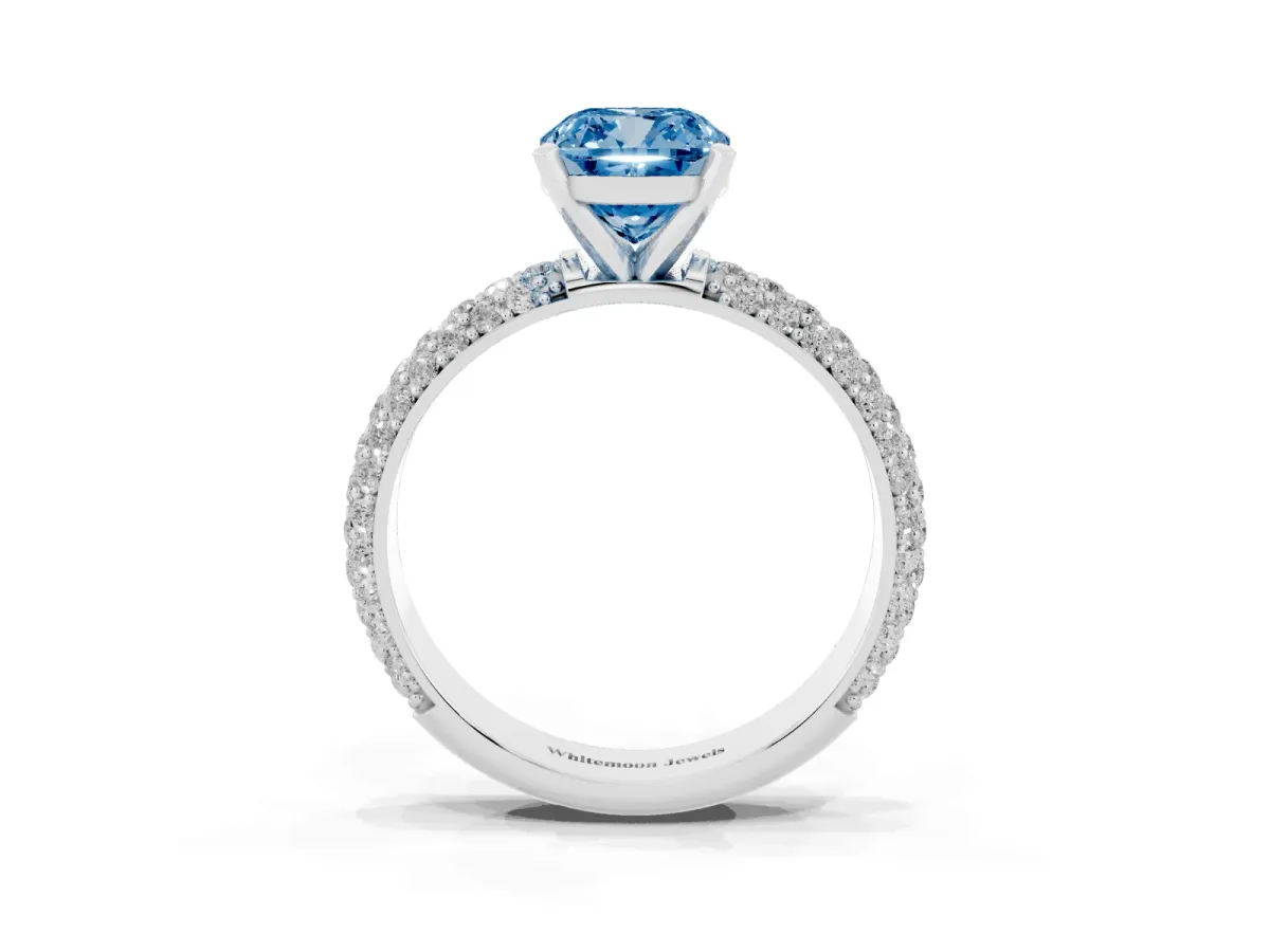 Fancy Blue Cushion Cut Diamond Solitaire Ring with Prong Setting and Pavé Band Silver