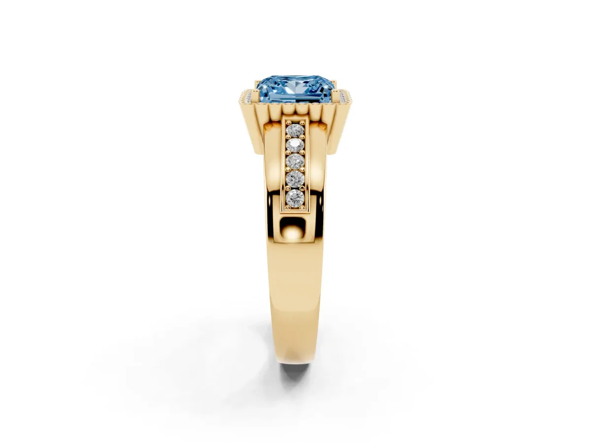 Fancy Blue Princess Cut Cut Halo Pave Band Four-Prong Ring Yellow gold