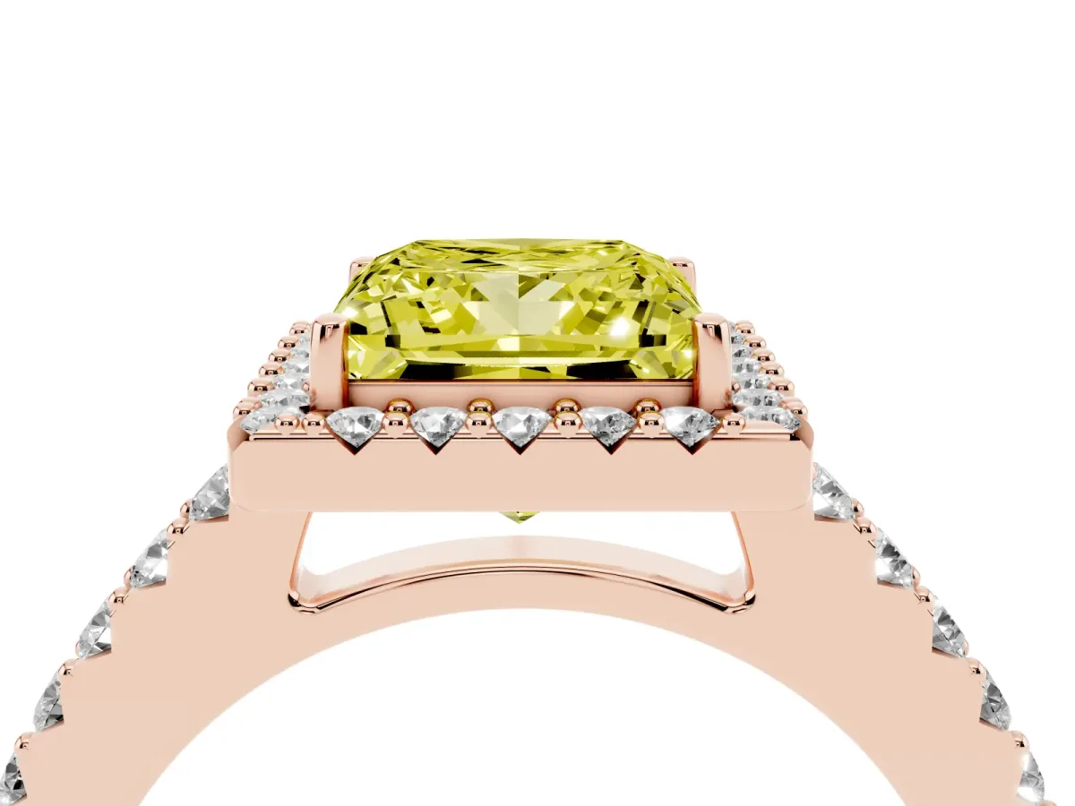 Fancy Yellow Princess Cut Halo Diamond Pavé Solitaire Ring Rose gold