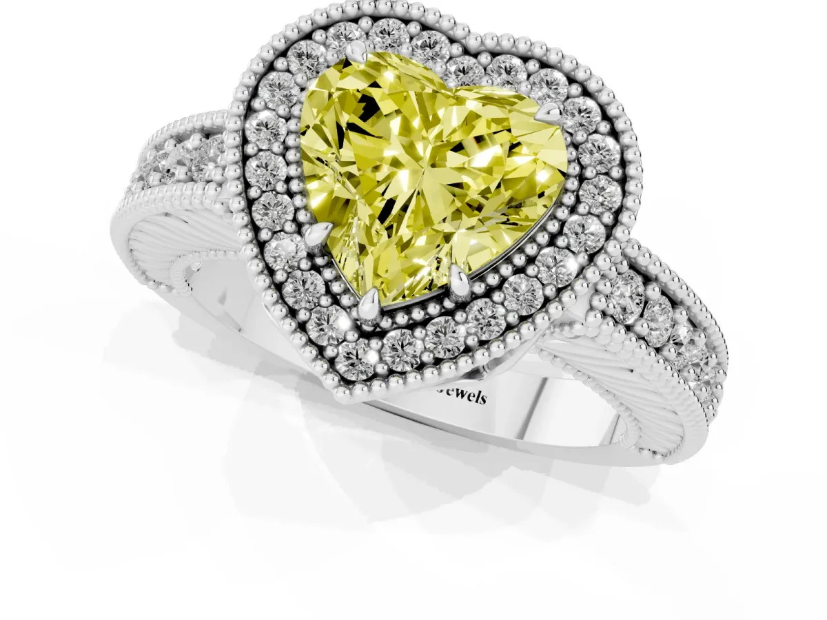 Fancy Yellow Heart Cut Cut Halo Diamond Ring with Pavé Band and Four-Prong Setting White gold