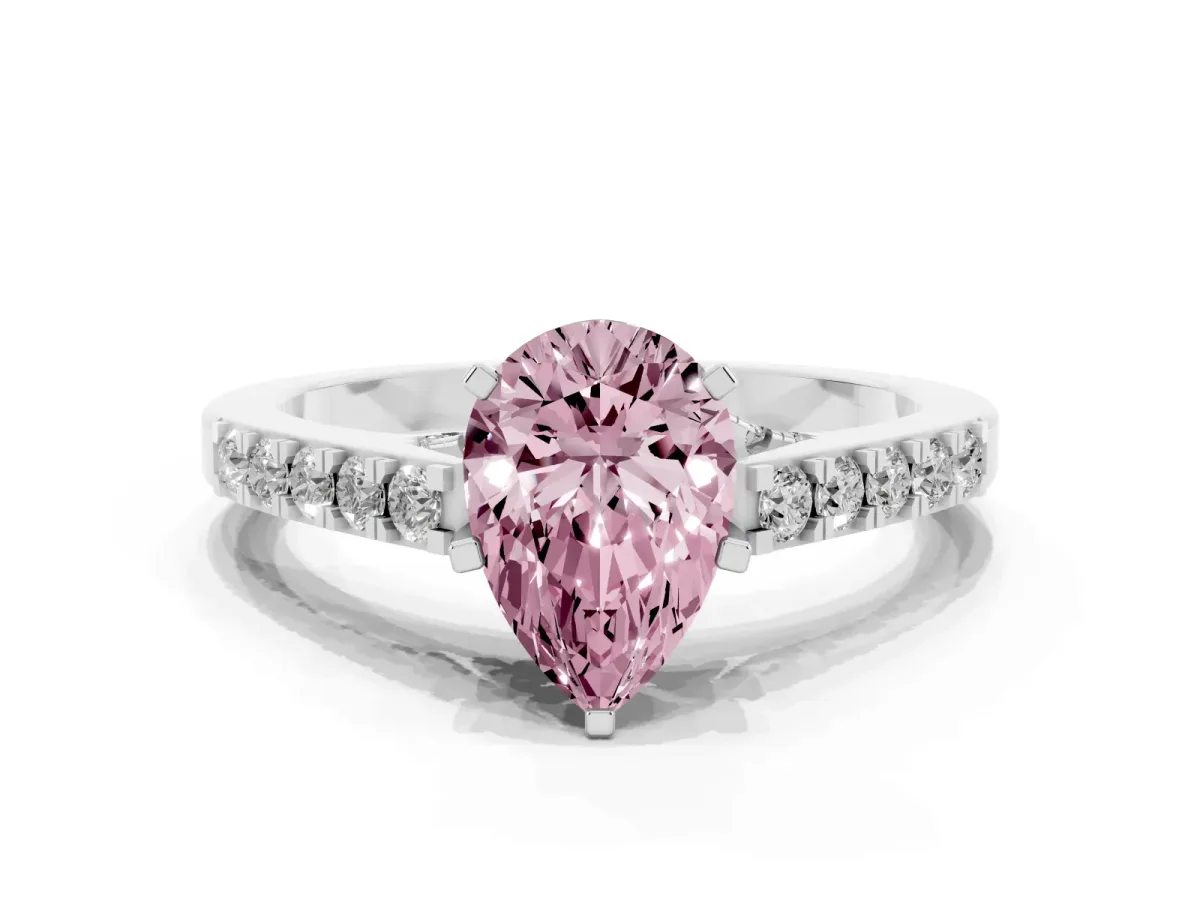 Fancy Pink Pear Cut Diamond Solitaire Ring with Crossover Gallery and Round Pavé Band Platinum