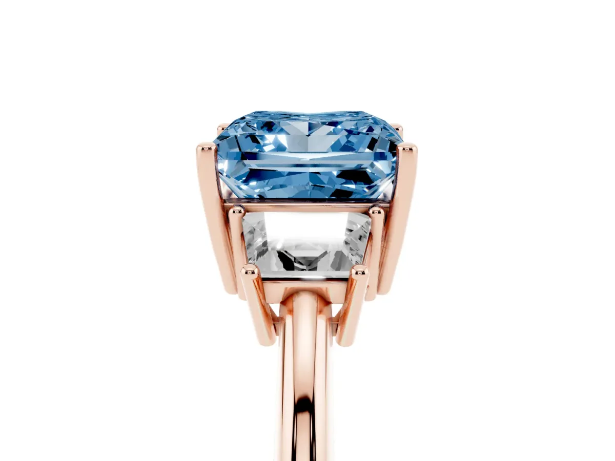 Fancy Blue Princess Cut Diamond Three-Stone Ring with Trapezoid Side Stones and Prong Setting Rose gold