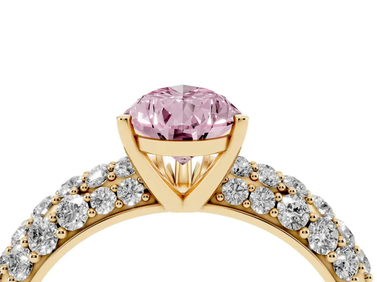 Fancy Pink Pear Cut Diamond Pavé Band Solitaire Ring with Four-Prong Setting Yellow gold