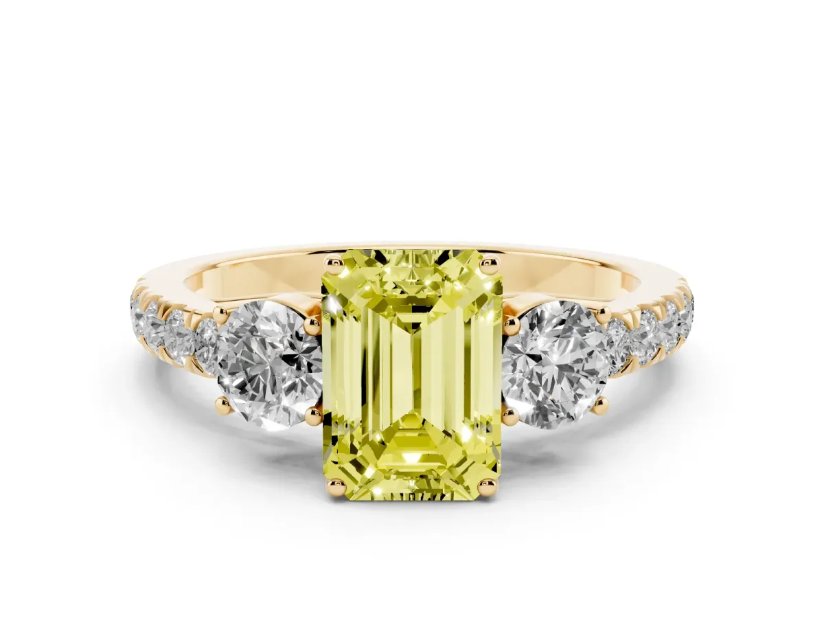 Fancy Yellow Emerald Cut Cut Diamond Three-Stone Ring with Round Side Stones and Pavé Band Yellow gold