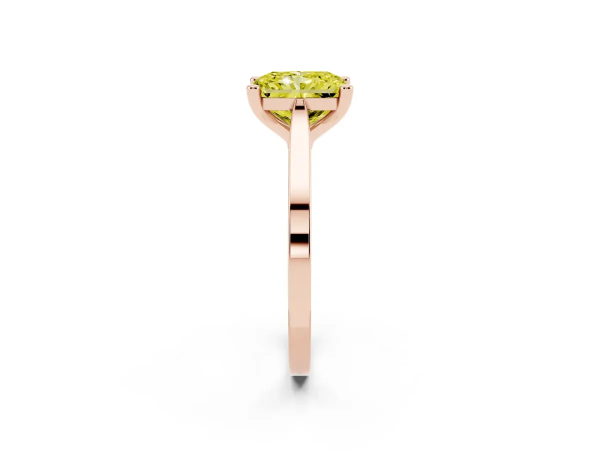 Fancy Yellow Radiant Cut Solitaire Diamond Ring with Four-Prong Setting and Tapered Band Rose gold