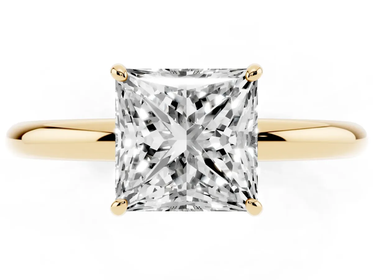 Princess Cut Solitaire Diamond Ring with Four-Prong Setting on a Plain Band Yellow gold