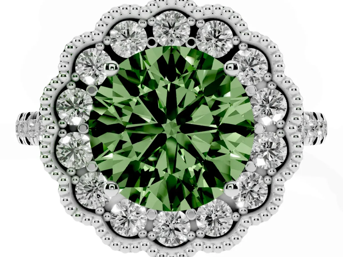 Fancy Green Round Cut Cut Diamond Milgrain Floral Halo Engagement Ring with Pavé Band White gold