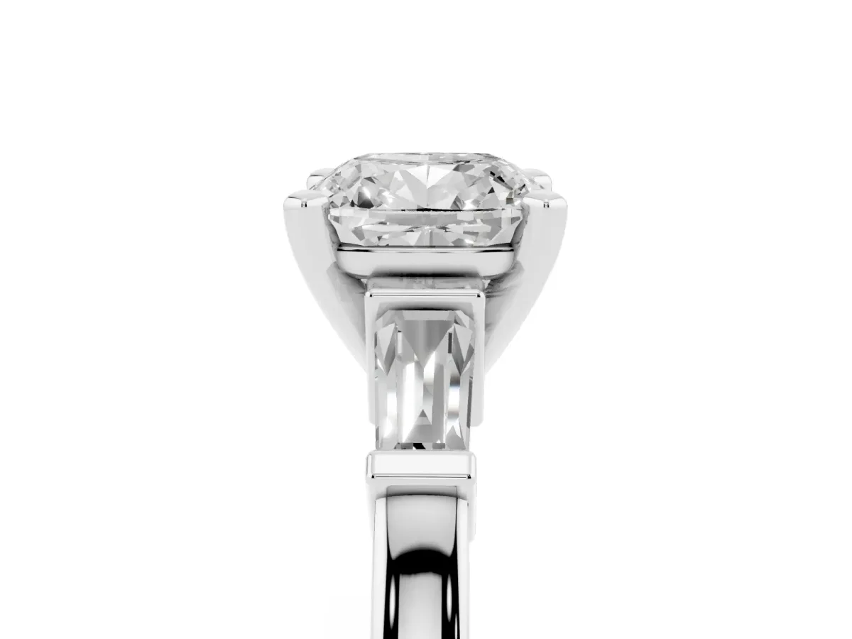 Cushion Cut Cut Diamond Solitaire Ring with Tapered Baguette Accents and Four-Prong Setting White gold