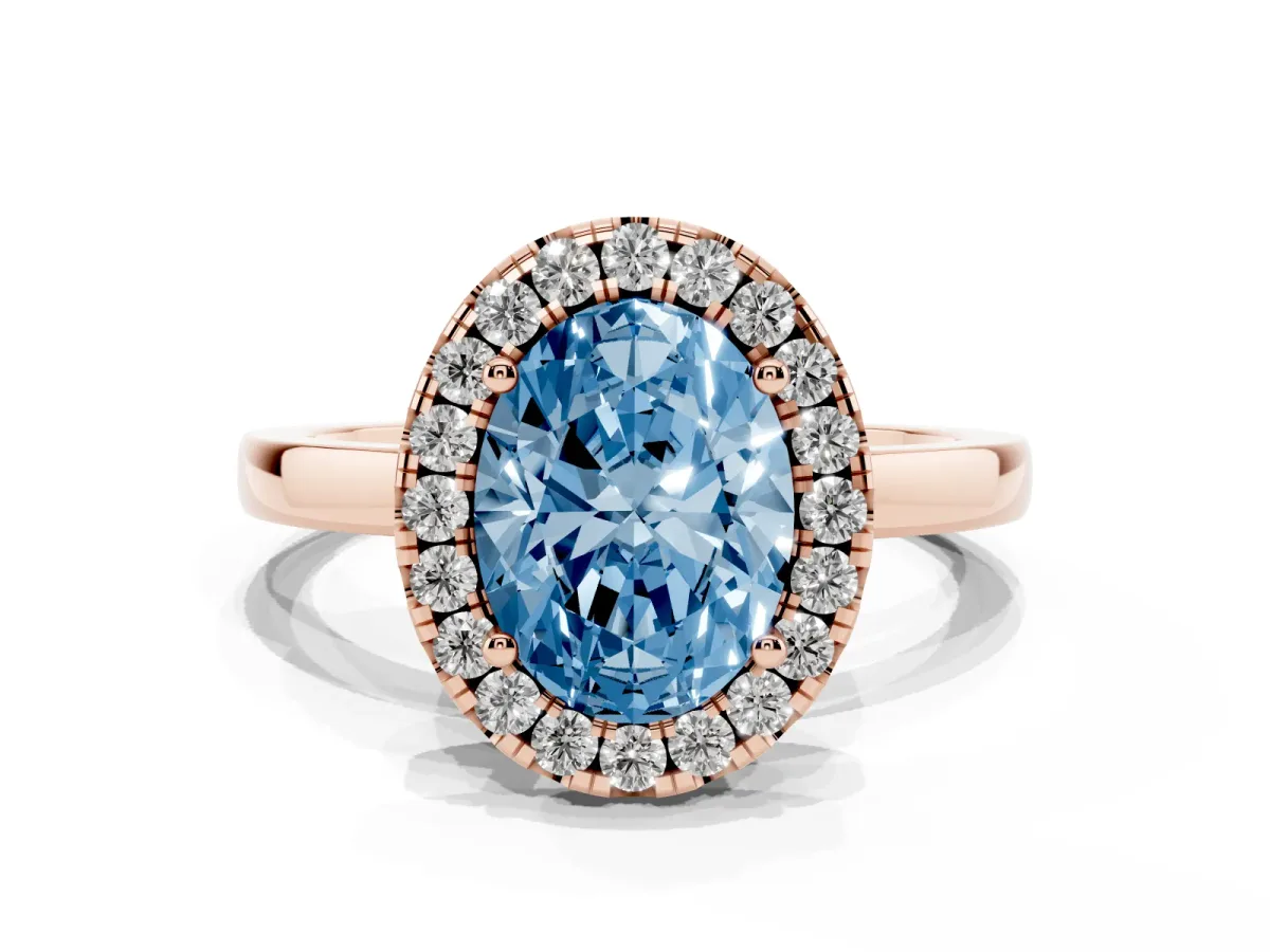 Fancy Blue Oval Cut Halo Diamond Solitaire with Pavé Band and Four-Prong Setting Rose gold