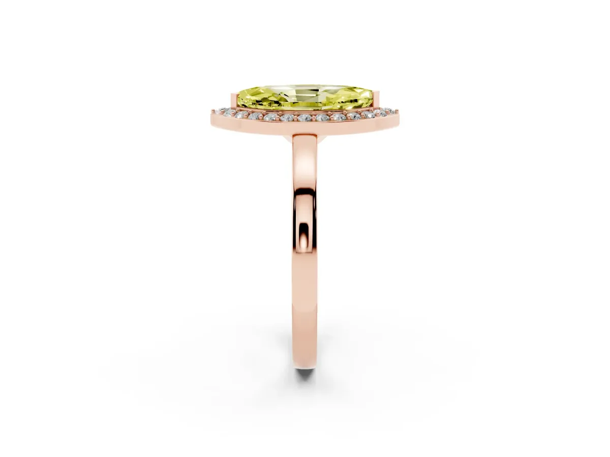 Fancy Yellow Marquise Cut Halo Diamond Ring with Solitaire Band and Prong Setting Rose gold