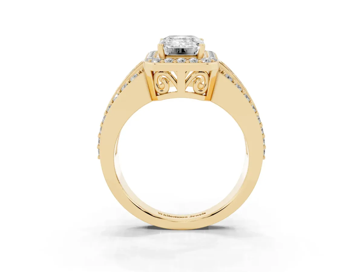 Emerald Cut Halo Diamond Ring with Round Split Shank and Prong Setting Yellow gold