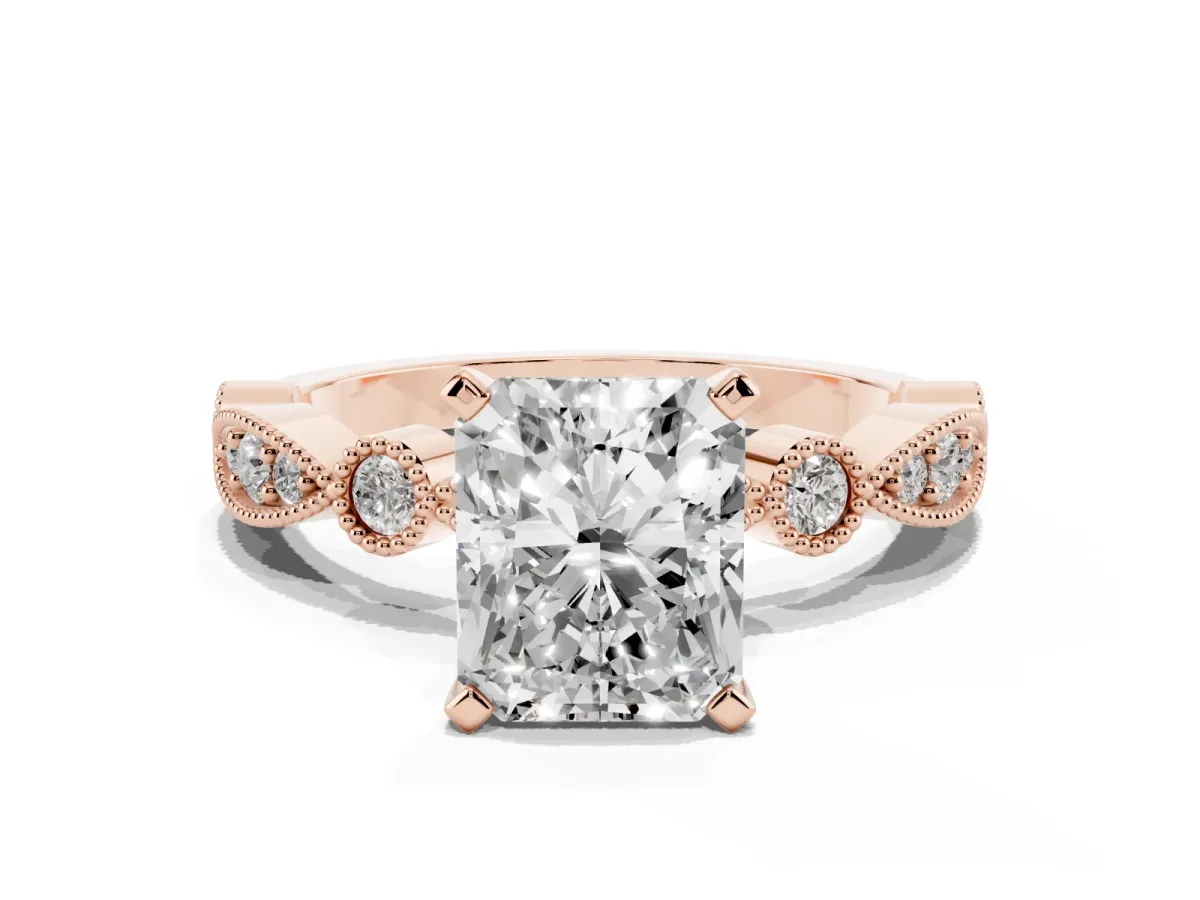 Radiant Cut Milgrain Bezel Diamond Engagement Ring with Solitaire Prong Setting Rose gold