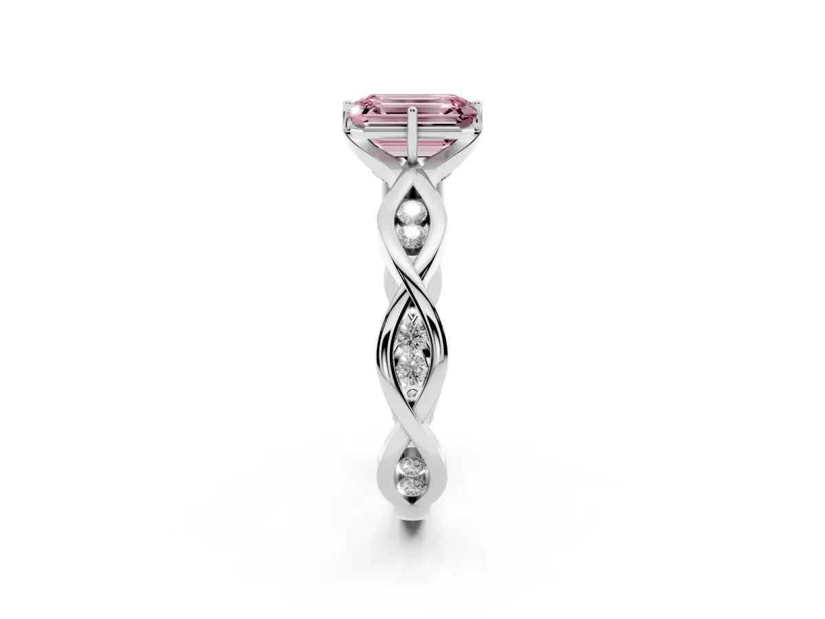 Fancy Pink Emerald Cut Solitaire Twist Band with Leaf Prong Setting White gold