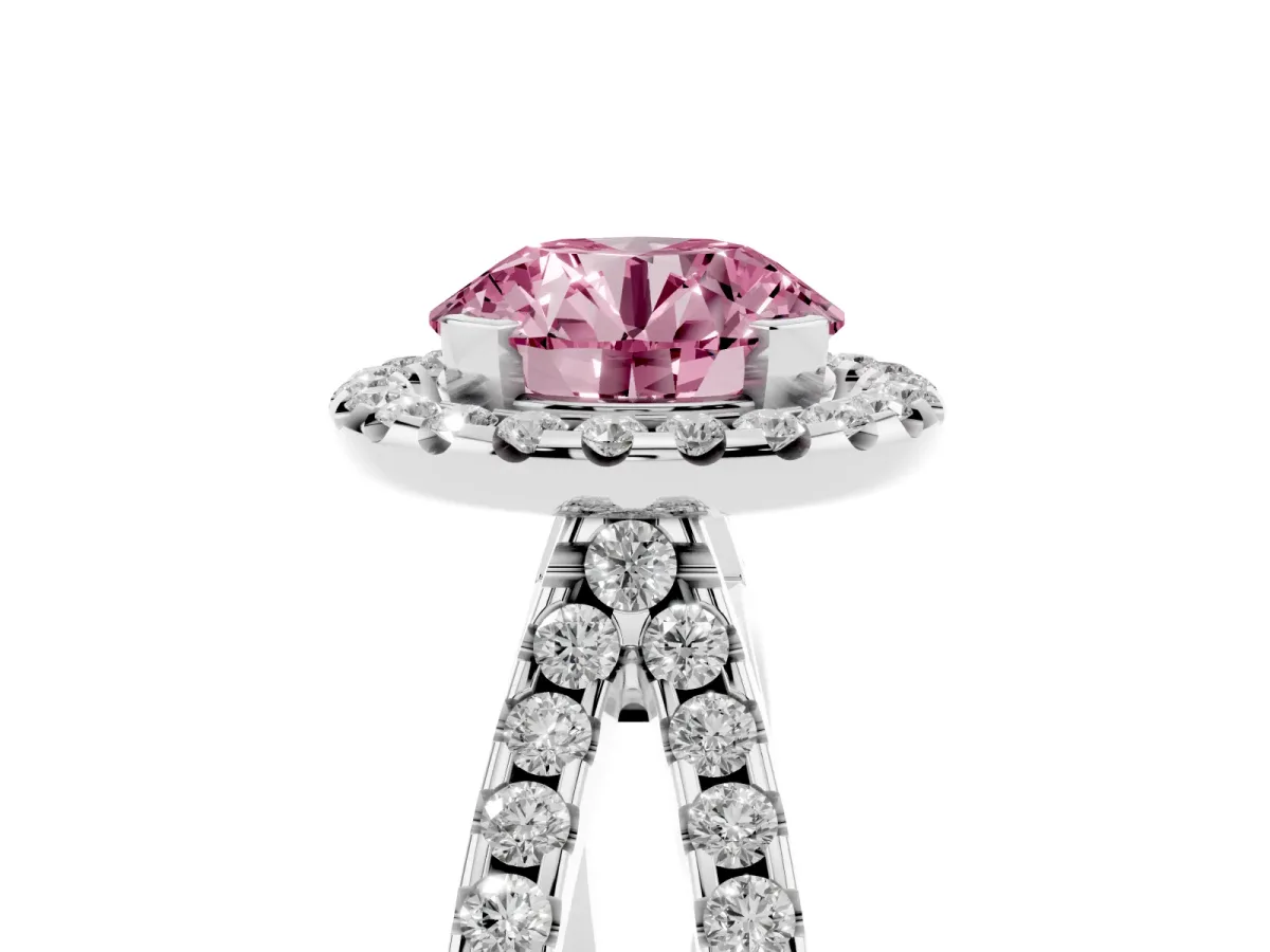 Fancy Pink Round Cut Diamond Halo Ring with Split Shank Pavé Band and Prong Setting Silver
