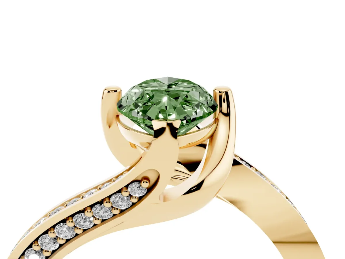 Fancy Green Marquise Cut Solitaire Diamond Twist Band with Pavé Setting and Four-Prong Setting Yellow gold