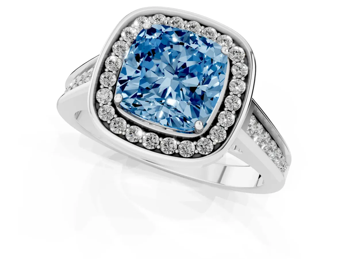 Fancy Blue Cushion Cut Halo Solitaire Diamond Ring with Pave Band and Bezel Setting Silver