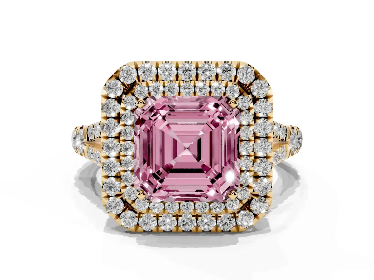 Fancy Pink Asscher Cut Cut Double Halo Split Shank Diamond Ring with Prong Setting Yellow gold