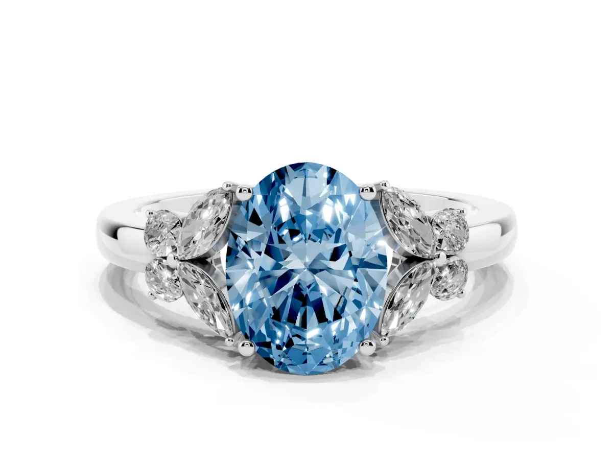 Fancy Blue Oval Cut Cut Solitaire Floral Diamond Ring with Four-Prong Setting Silver