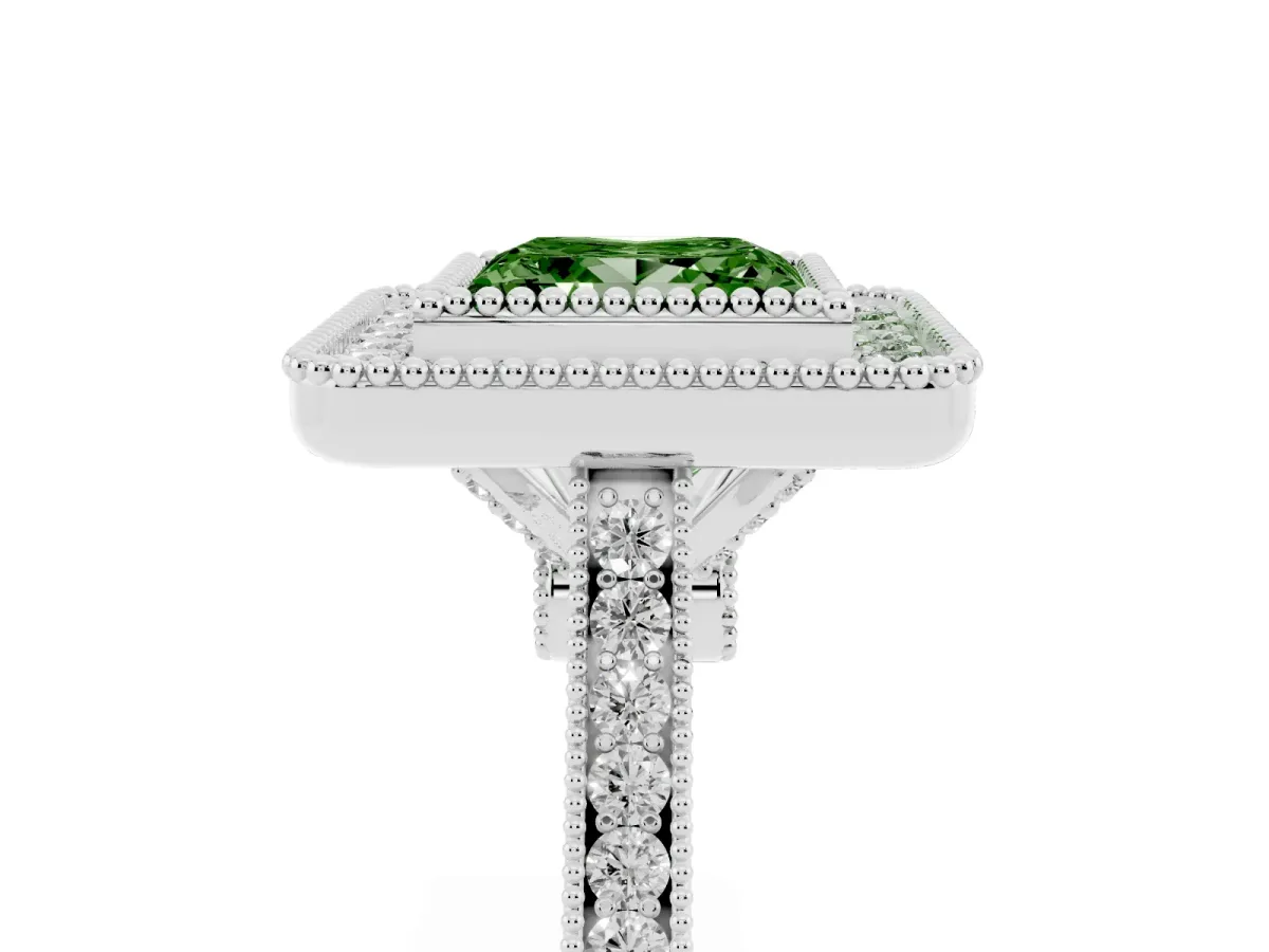 Fancy Green Princess Cut Diamond Halo Ring with Milgrain Frame and Pavé Band Platinum