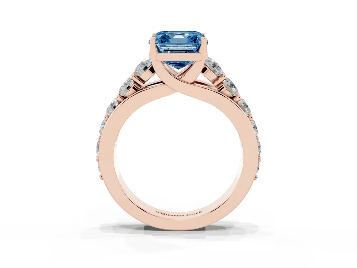 Fancy Blue Asscher Cut Diamond Engagement Ring with Pavé Band and Four-Prong Setting Rose gold