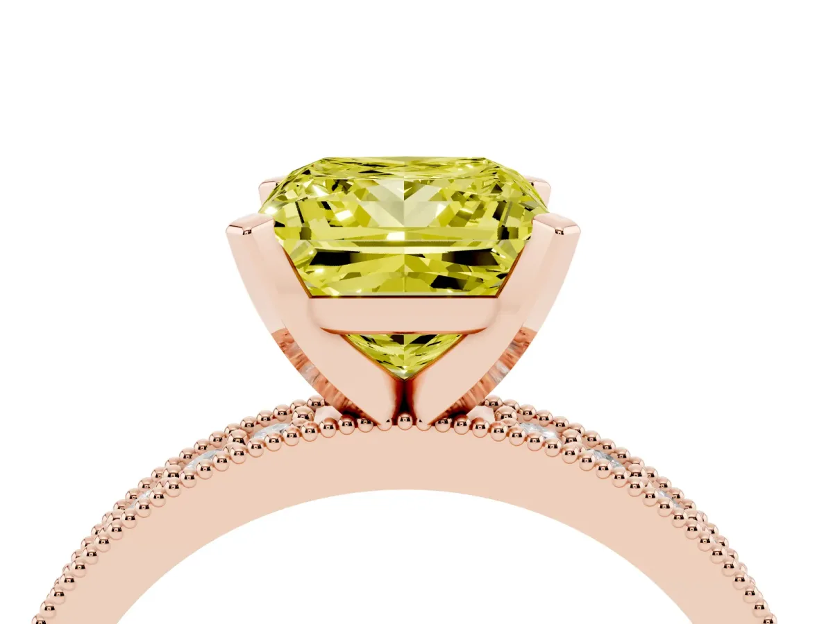 Fancy Yellow Princess Cut Diamond Milgrain Pavé Engagement Ring with Four-Prong Setting Rose gold
