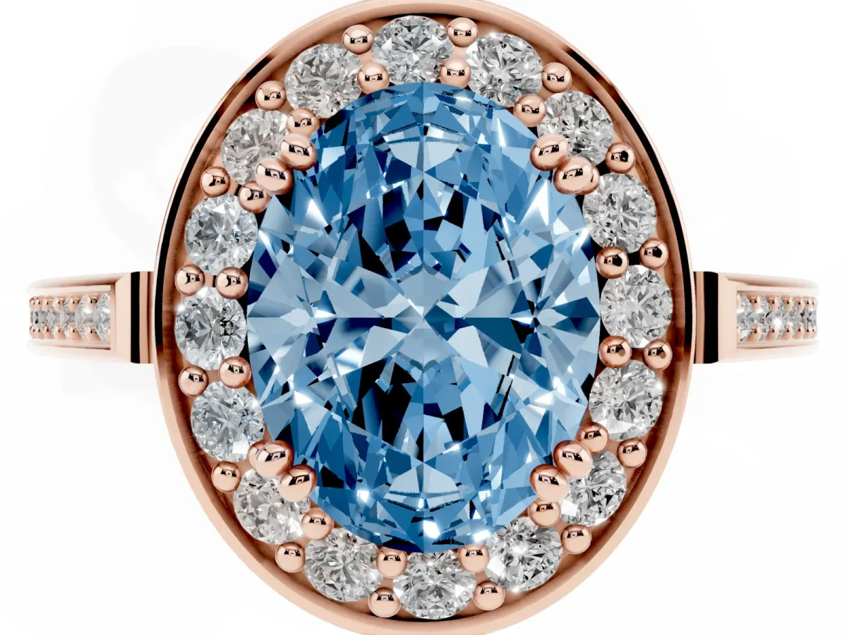 Fancy Blue Oval Cut Diamond Halo Ring with Split Shank and Four-Prong Setting Rose gold