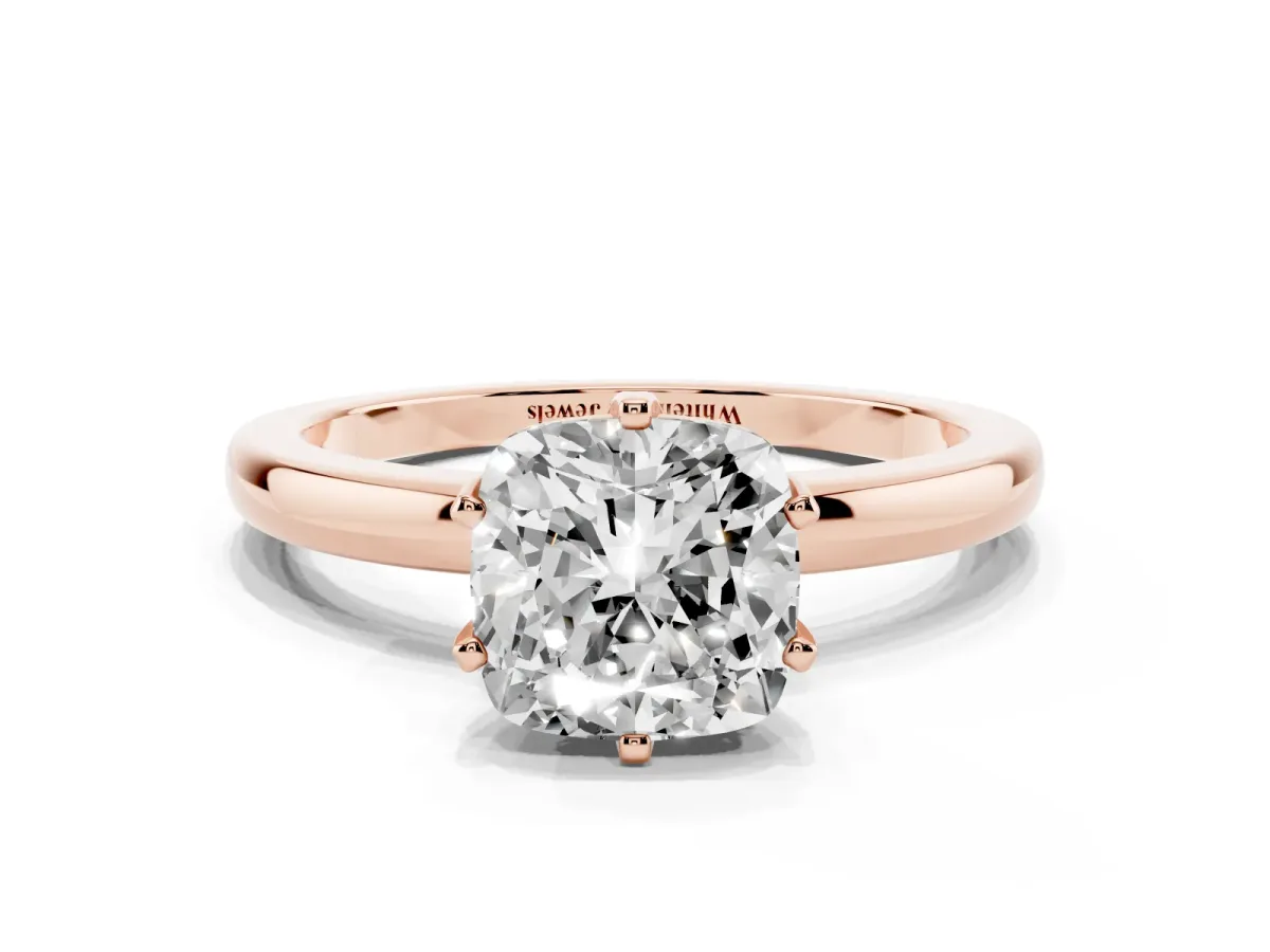 Cushion Cut Solitaire Diamond Ring with Six-Prong Setting on a Classic Band Rose gold
