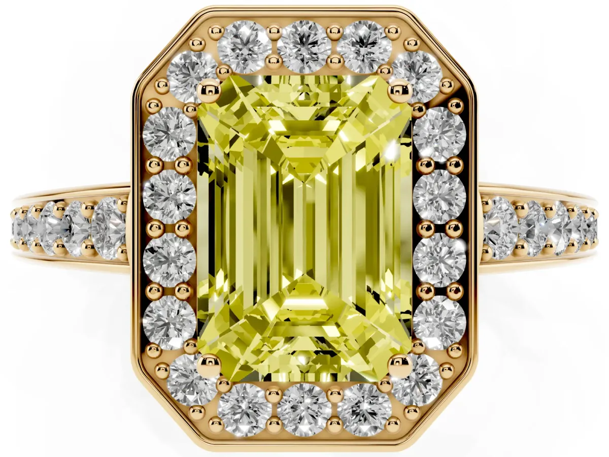 Fancy Yellow Emerald Cut Halo Pavé Diamond Engagement Ring with Bezel Setting Yellow gold