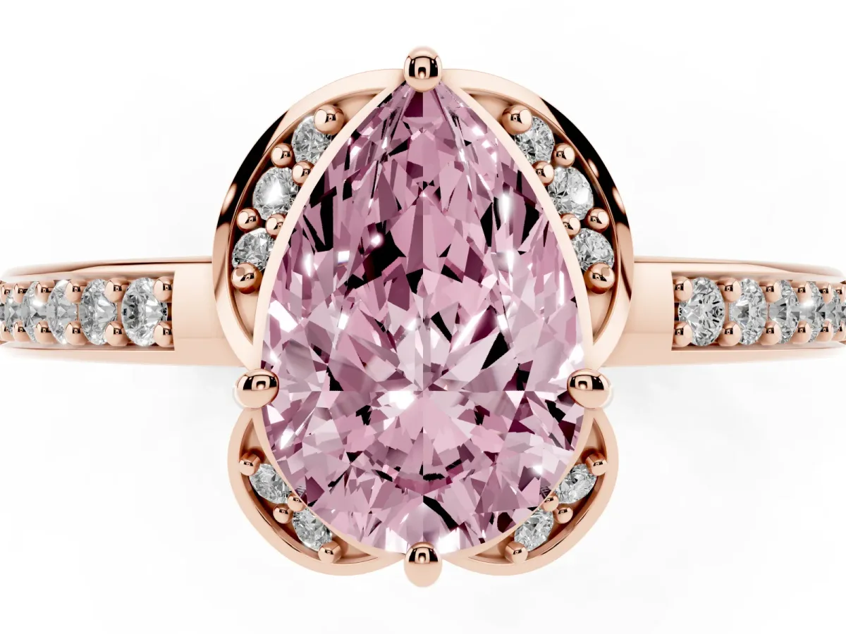 Fancy Pink Pear Cut Cut Halo Diamond Ring with Channel Set Band and Four-Prong Setting Rose gold