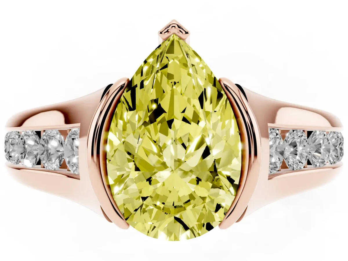Fancy Yellow Pear Cut Solitaire Bezel-Set Diamond Ring with Channel-Set Band Rose gold