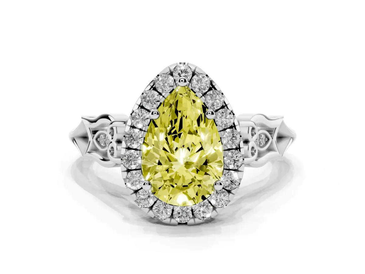 Fancy Yellow Pear Cut Halo Diamond Engagement Ring with Filigree Band and Four-Prong Setting White gold