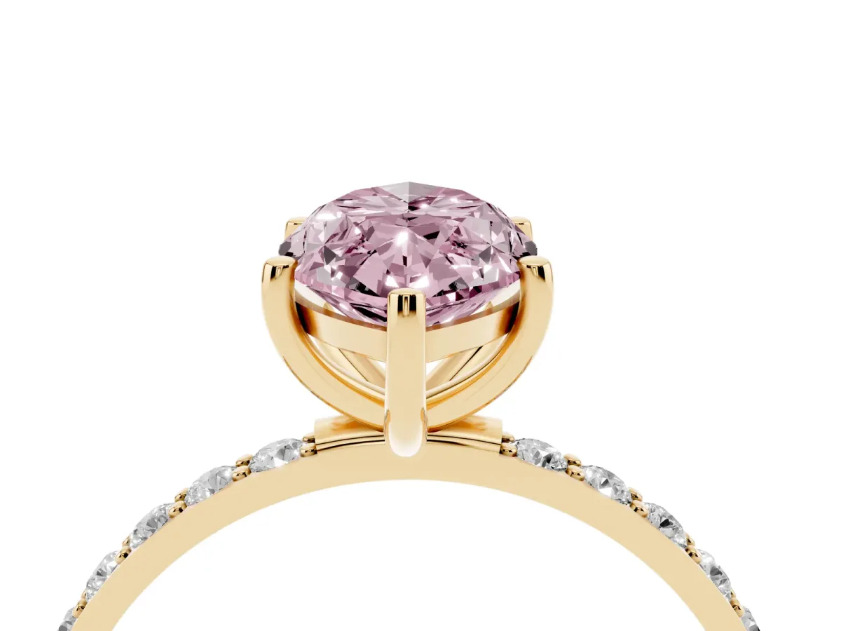 Fancy Pink Marquise Cut Diamond Solitaire Ring with Round Pavé Shoulders and Prong Setting Yellow gold