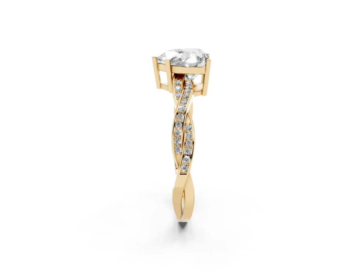 Heart Cut Solitaire Twisted Pave Diamond Ring with Four-Prong Setting Yellow gold