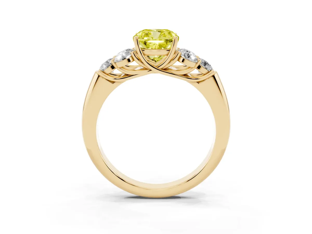 Fancy Yellow Cushion Cut Cut Diamond Cluster Ring with Round Accent Stones and Prong Setting on a Classic Band Yellow gold