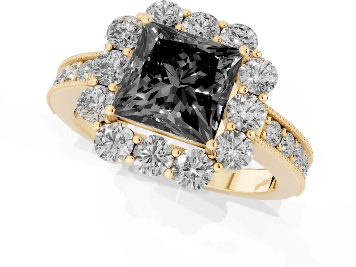 Fancy Black Princess Cut Cut Halo Diamond Pavé Engagement Ring with Milgrain Detailing Yellow gold