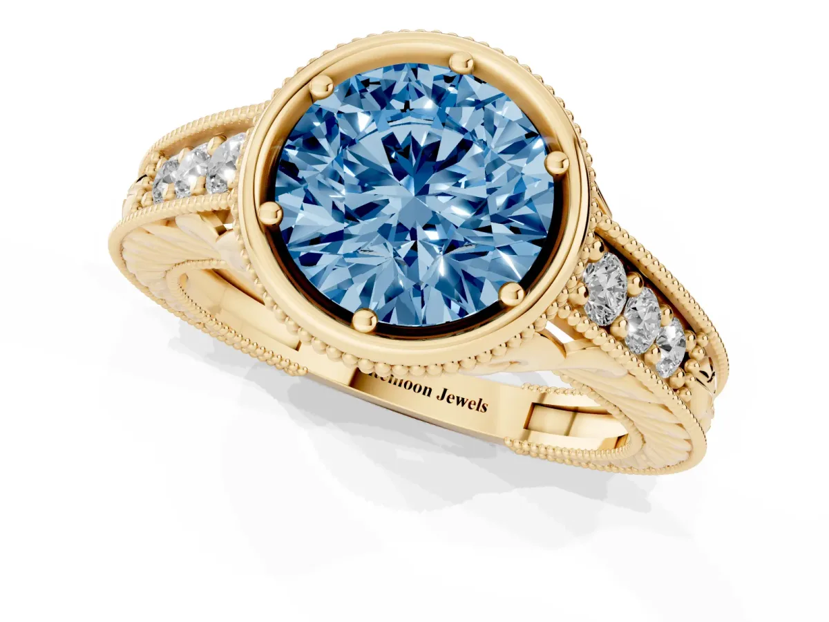 Fancy Blue Bezel Set Round Cut Diamond Milgrain Pave Engagement Ring Yellow gold