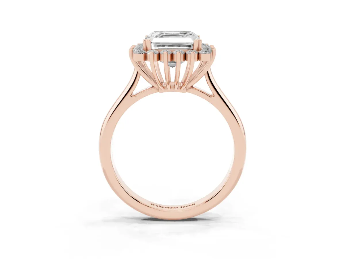 Asscher Cut Cut Diamond Halo Ring with Solitaire Band and Prong Setting Rose gold