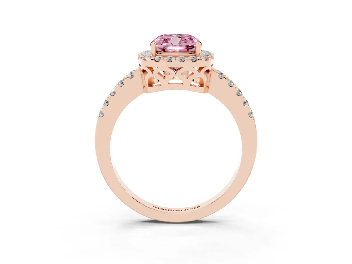 Fancy Pink Cushion Cut Halo Diamond Engagement Ring with Pavé Band and Four-Prong Setting Rose gold