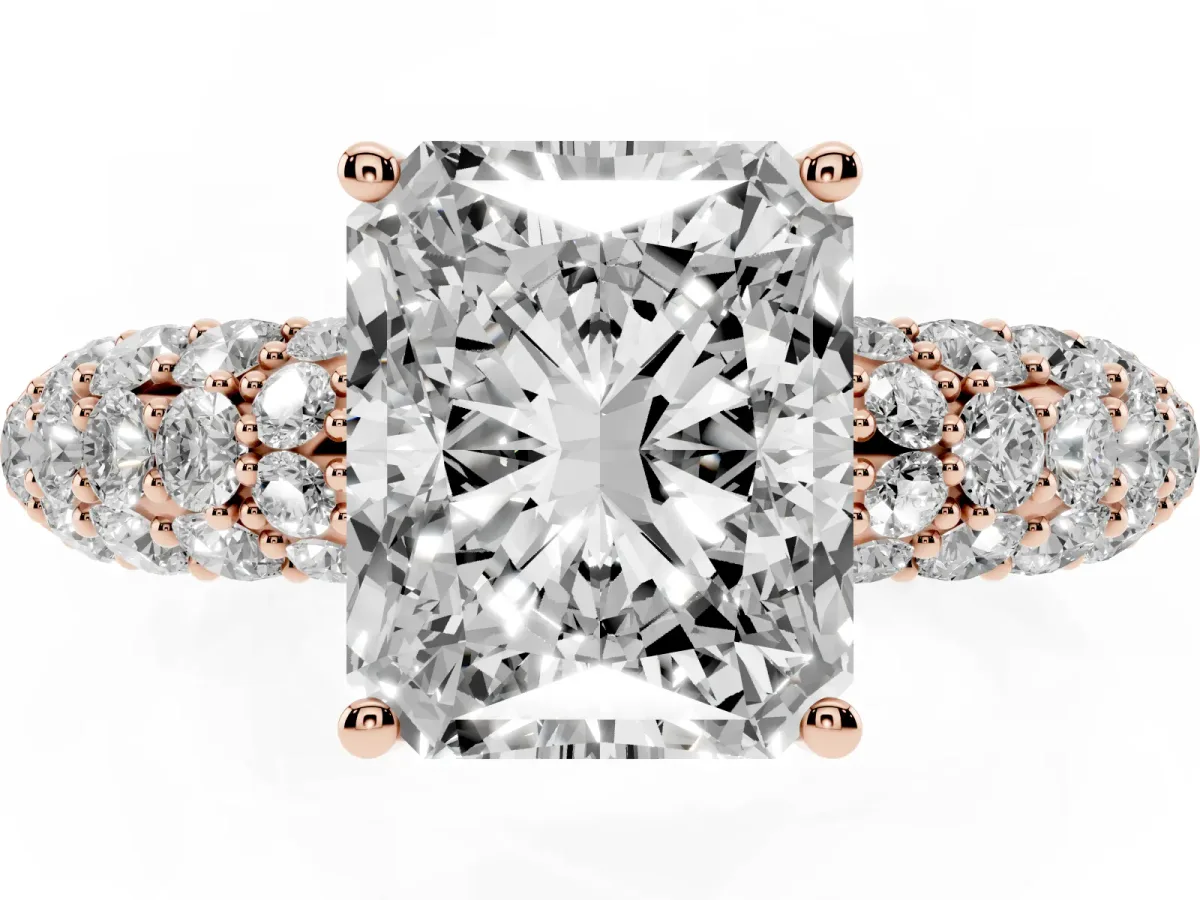Radiant Cut Diamond Pavé Band Solitaire Ring with Four-Prong Setting Rose gold