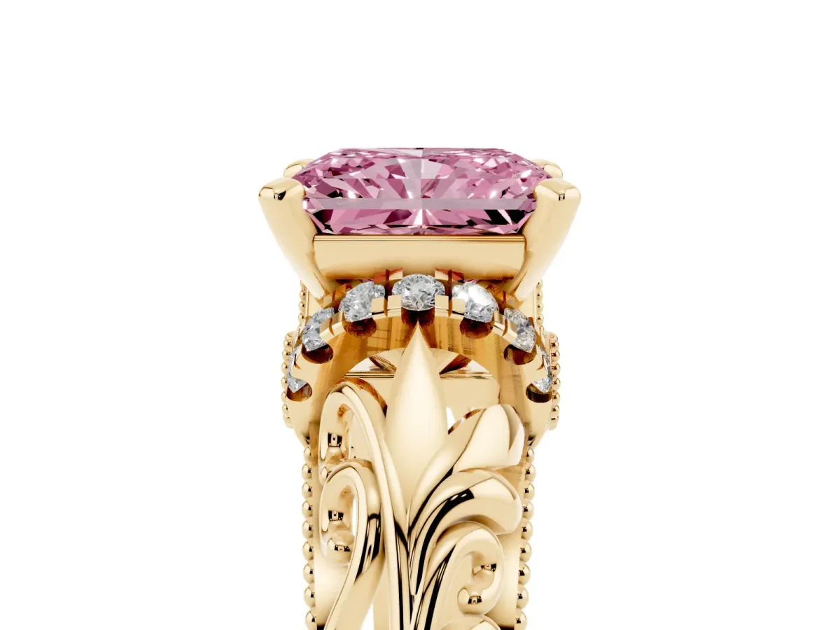 Fancy Pink Radiant Cut Solitaire Filigree Engagement Ring with Halo and Prong Setting Yellow gold